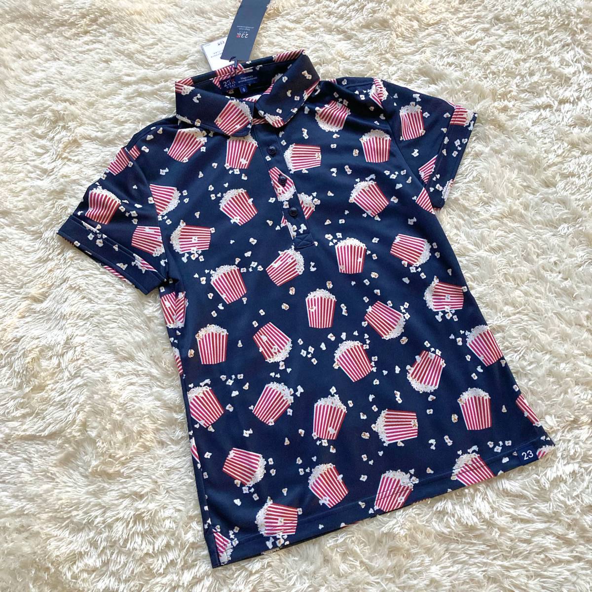新品 未使用 23区ゴルフ ポップコーン柄 半袖 ポロシャツ 紺 ネイビー 0 S 春夏 ニジュウサンク 総柄 春物 夏物 セットアップ拍卖