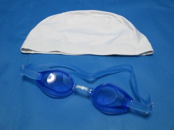 送料無料★大人用 スポルディング スイム ゴーグル 青 NBキャップ白★スイミング★ブルー ホワイト★拍卖