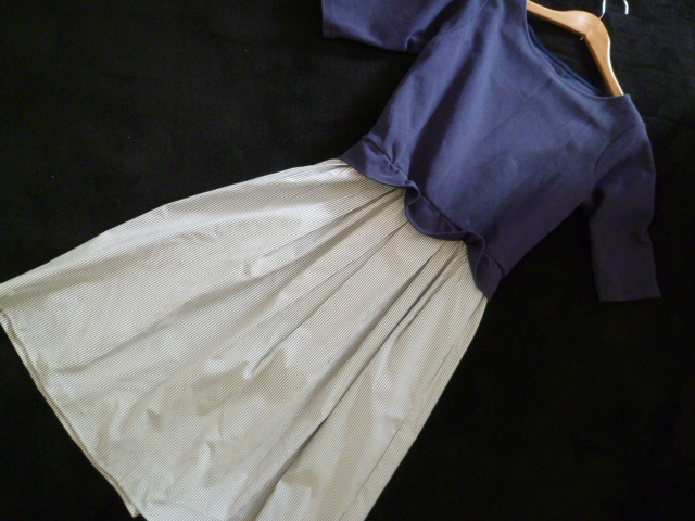 COLLAGE/GALLARICA GALANTE/コラージュガリャルダガランテ◇紺×ストライプ異素材ドッキングフェイクツイン風ワンピースF/ネイビー◇a324OP拍卖