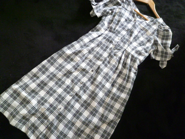 NICE CLAUP/ナイスクラップ◇モノトーンチェック柄パフスリーブ袖リボンくるみボタン前開きロングワンピースF◇a37拍卖