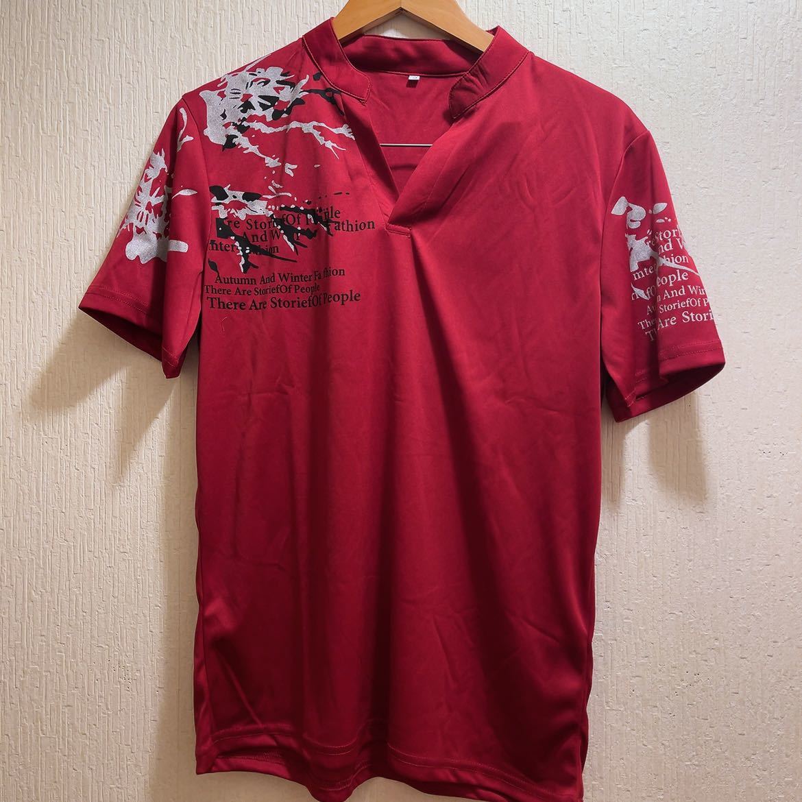 新品★レッド地★Vネック和風調Tシャツ★ゴルフウエア★ユニセックス★LTシャツ 半袖 拍卖