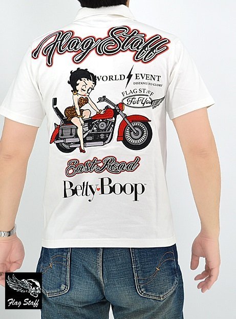 Betty Boop×Flag Staff 半袖ポロシャツ◆Flagstaff ホワイトMサイズ 432022 フラッグスタッフ ベティーちゃん 刺繍 バイカー拍卖
