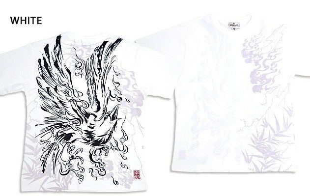 八咫烏火炎刺繍半袖Tシャツ◆絡繰魂 ホワイトXXLサイズ 232040 和柄 和風 カラス 鴉 からくり拍卖