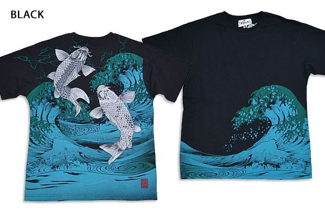 夫婦鯉飛翔半袖Tシャツ◆絡繰魂 ブラックXXLサイズ 232039 和柄 和風 刺繍 コイ からくり拍卖