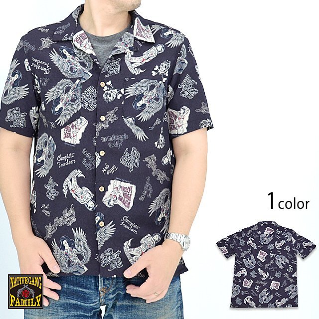 縮緬総柄オープンシャツ◆Native Gang Family ブラックXLサイズ NGF42-1481 アロハシャツ ハワイアン バイカー拍卖