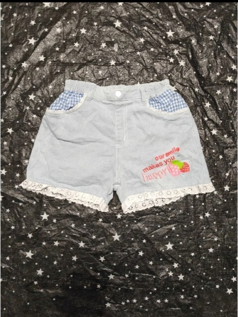 いちご 裾レース ギンガムチェック ショートパンツ 130 ブルー 股下5+レース 未使用難あり拍卖