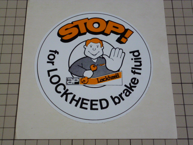 STOP! for LOCKHEED brake fluid ステッカー 当時物 です(112mm) ストップ ロッキード ブレーキ フルード拍卖
