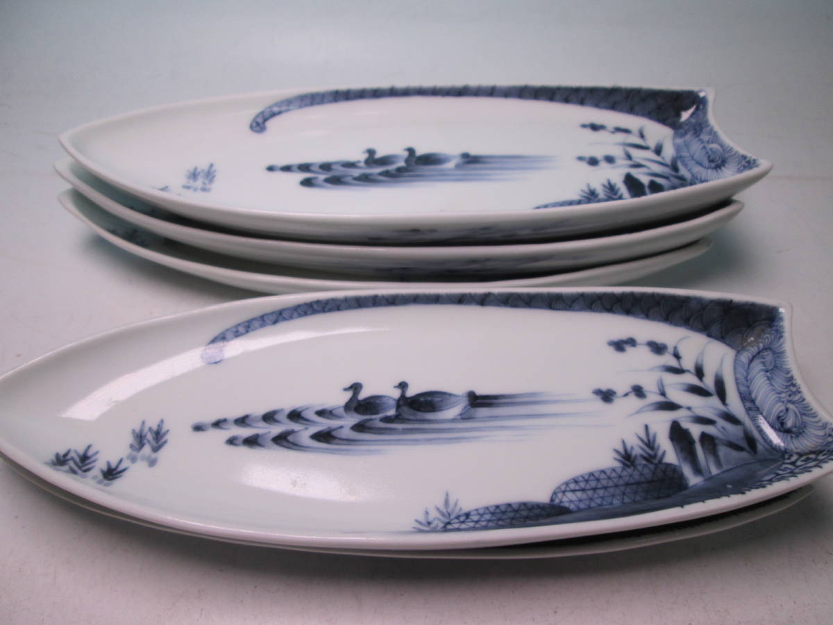 ☆お料理屋さんの器 染付 水鳥文 舟形皿 五枚 刺身皿拍卖