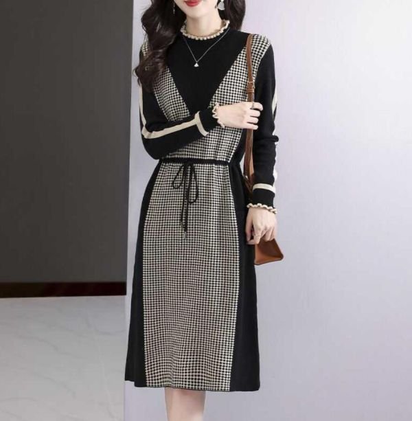 PYD2341★M-XLサイズ♪え ニットセーター ワンピース 素敵な 気質良い着やせ超綺麗 千鳥格柄 長袖 ひざ丈ワンピ秋冬新作 上質 切り替ース拍卖