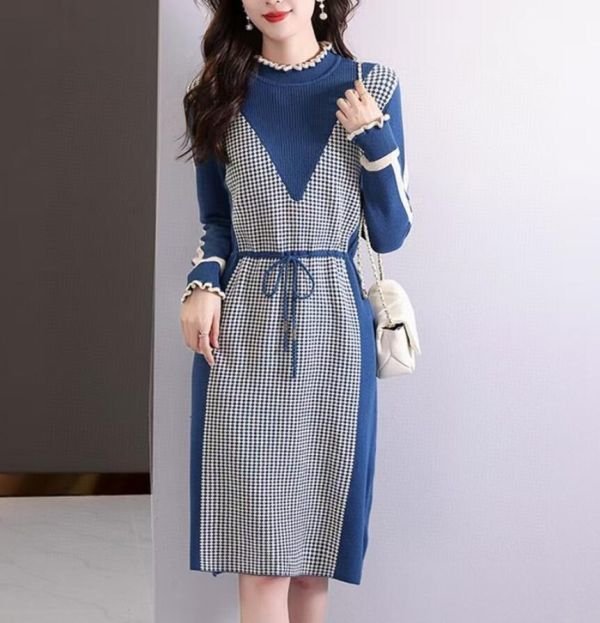 PYD2340★M-XLサイズ♪え ニットセーター ワンピース 素敵な 気質良い着やせ超綺麗 千鳥格柄 長袖 ひざ丈ワンピ秋冬新作 上質 切り替ース拍卖