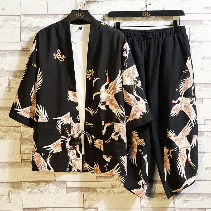 ZPT195★夏 セットアップ メンズ カーディガン サルエルパンツ 上下セット 鶴柄 羽織 ショートパンツ 浴衣 和風 大きいサイズ有り拍卖