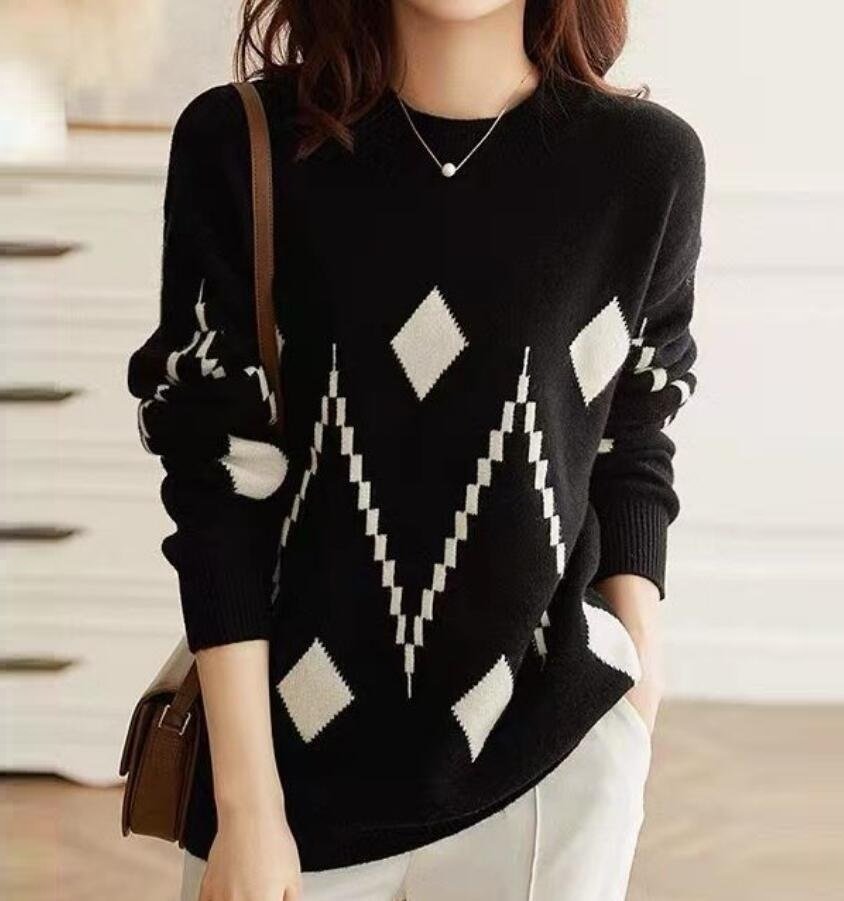 PYD2335★Fサイズ♪秋冬新作め チェッ 柔らかい 暖かい 超綺麗 きれいニットトク柄 長袖 ニットセーター オシャレップス * 黒拍卖