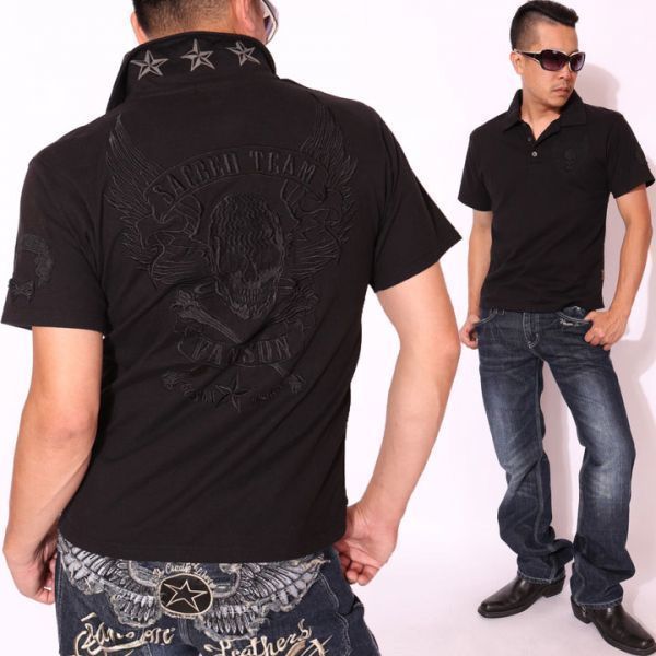 当店別注 バンソン VANSON 刺繍 半袖 ポロシャツ ブラックB(ブラック刺繍)【Sサイズ】NVPS-303 アメカジ バイカー ドクロ スカル拍卖