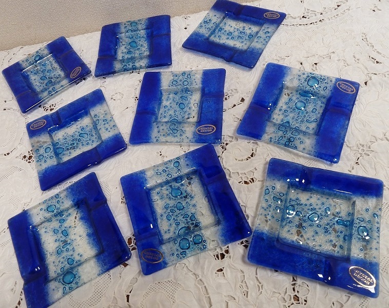 (☆BM)【感謝特別価格】ガラス アシュトレイ 9点 クリスタルガラス/CRYSTAL DECOR 水泡 ディスプレイ 青 マリンブルー 角型 灰皿 大量拍卖