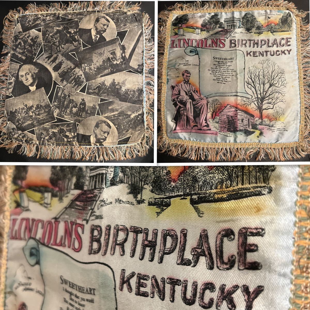 ビンテージ40sスーベニアお土産50sクッションカバー布 ピロー ケースWWIリンカーン大統領枕カバーお土産 記念品ARMYアンティーク生地拍卖