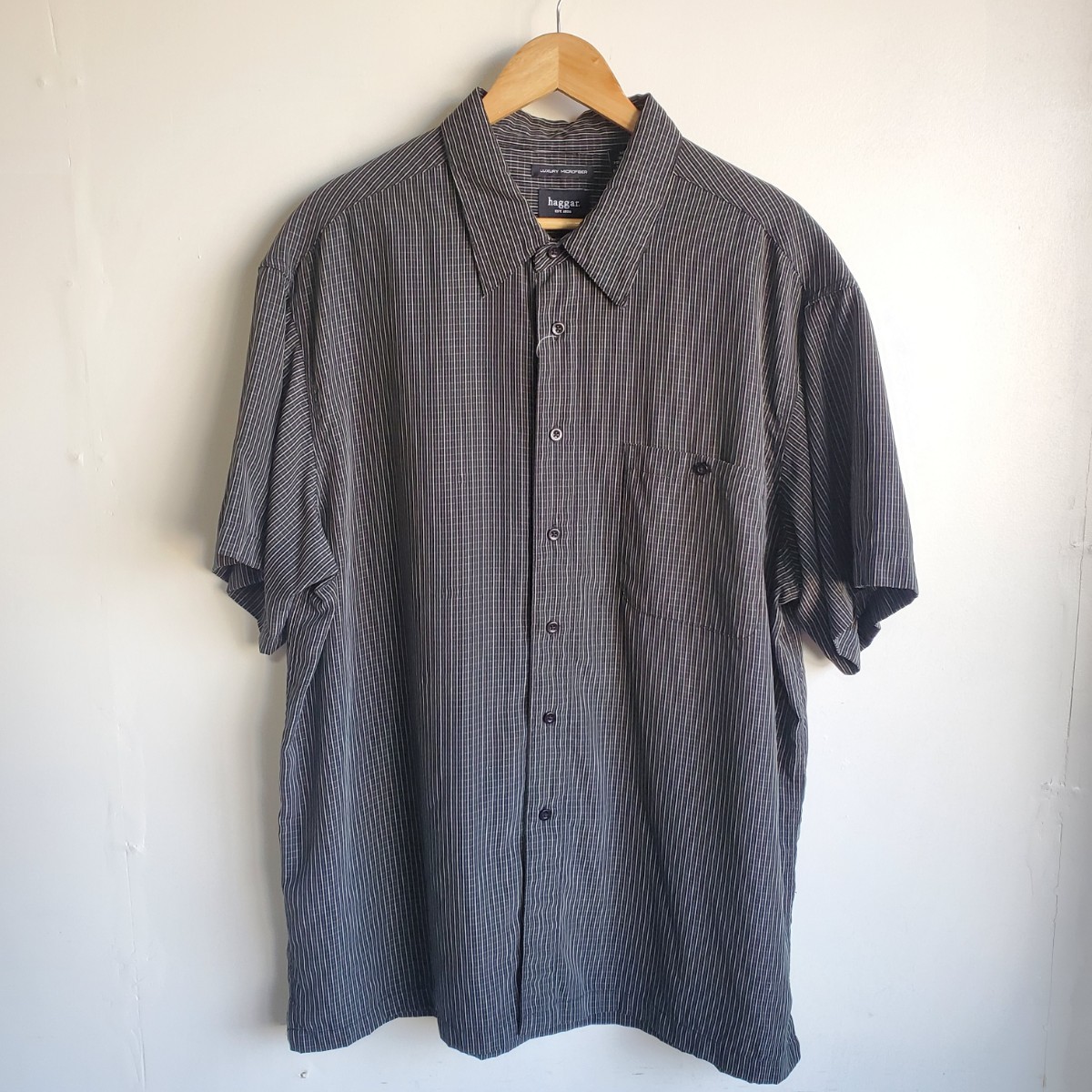 176◆HAGGAR ハガー 半袖シャツ sizeXXL 黒ベース チェック柄 中古 USED 古着 LUXURY MICROFIBER ビッグサイズ オーバーサイズ拍卖