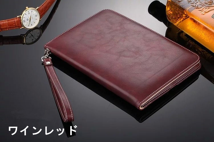 iPad Pro 10.5 ケース ハンドストラップ付き ストラップ付き カード収納 ビジネス 実用性抜群 ワインレッド拍卖