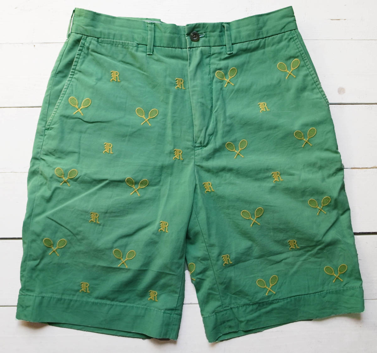 RUGBY ラルフローレン ラケット刺繍 ビンテージ加工 ショートパンツ ショーツ28 グリーン系 短ハン POLO RRL拍卖