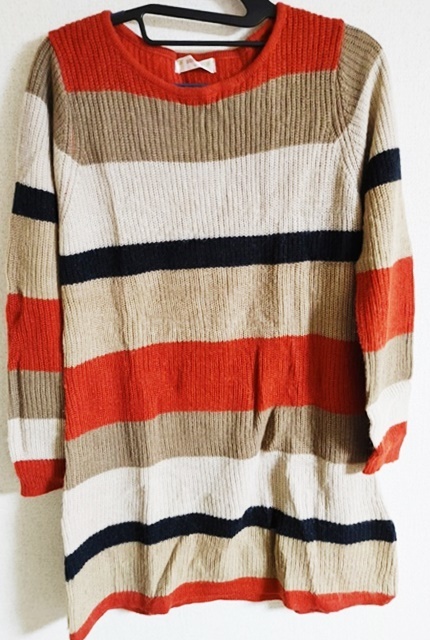 Lサイズ SOSPITA 長袖 ニット チュニック ワンピース ボーダー柄 オレンジ×ベージュ×黒拍卖