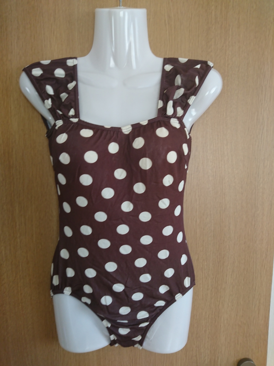 ☆茶×白☆水玉柄のワンピース水着☆サイズ9M ☆日本製☆拍卖