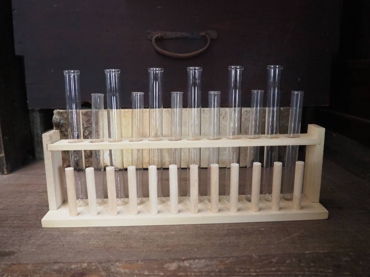 【木製試験管立てと試験管12本】薬品瓶ドライフラワー花瓶カフェシャビー昭和レトロガラス古道具アンティークインテリアインダストリアル拍卖