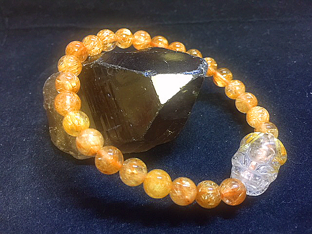 天然石最高級品質【黄金タイチンルチルクォーツ】ブレスレット 金針入り貔貅のお守つき 7㎜ パワーストーン 一点もの入手困難拍卖