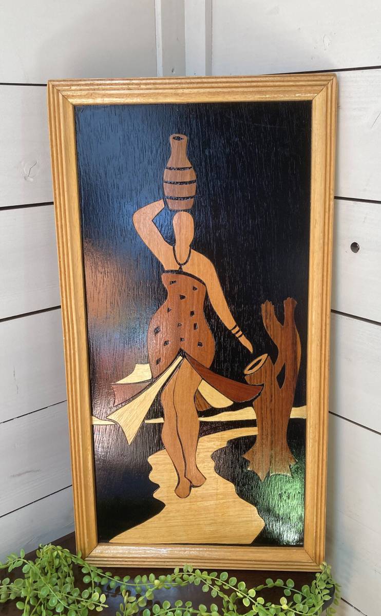 【寄木細工 壁掛けアート】ギャラリー/アフリカン/ガーナ/ウッド/ベニヤ/クラフト/インテリア/壁/民芸品/F092拍卖