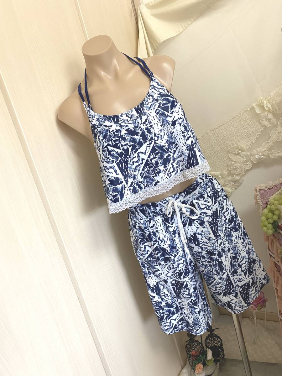 ●レディス水着L●HOYUKI◆ワイヤービキニ*ラッシュガード水着キャミソール&水着キュロット&水着ハーフパンツ:紺 5点水着拍卖