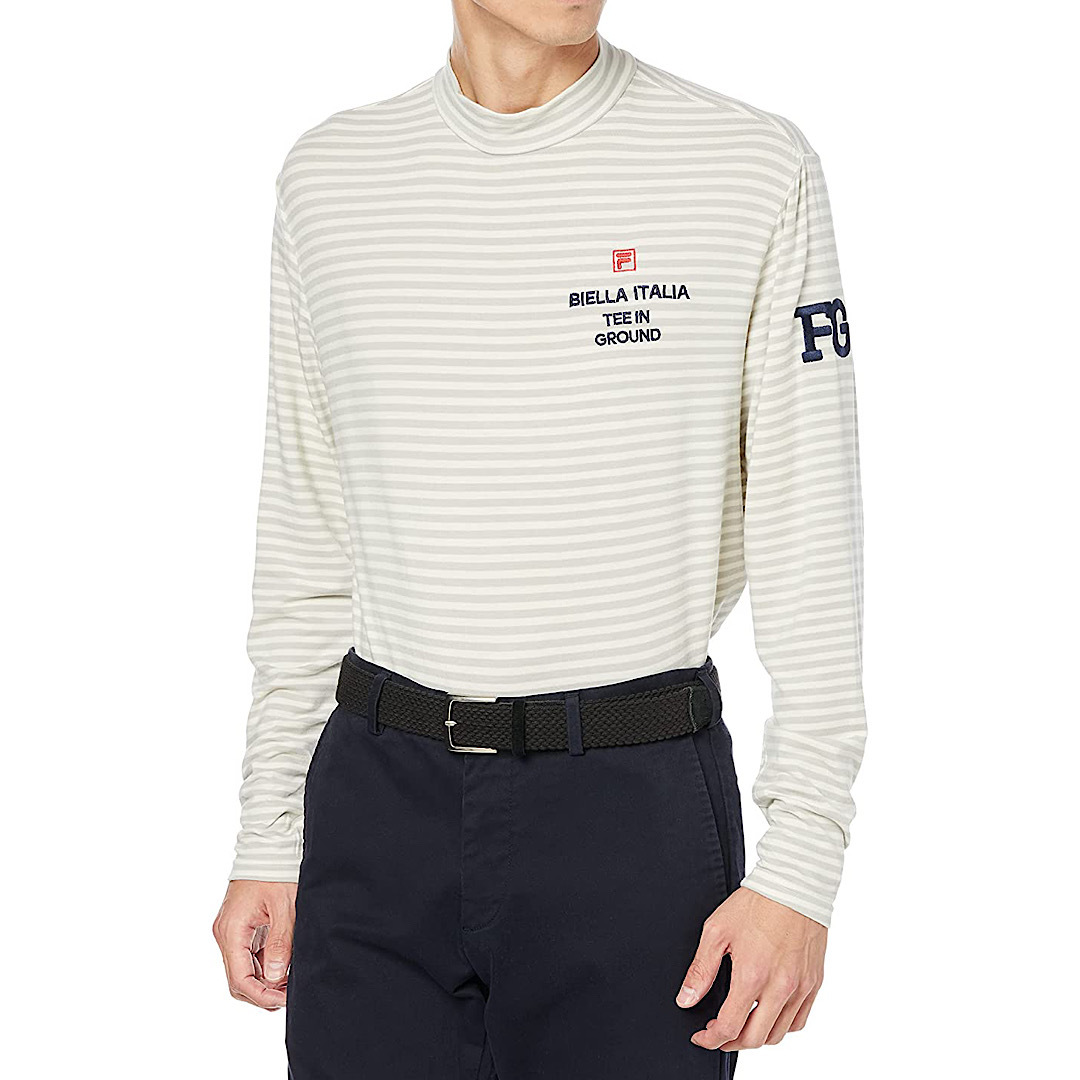 新品 フィラ ゴルフ 長袖 ボーダー柄 モックネック シャツ 782-505 オフホワイト LLサイズ 吸湿発熱 税込8,690円 メンズ ゴルフシャツ拍卖