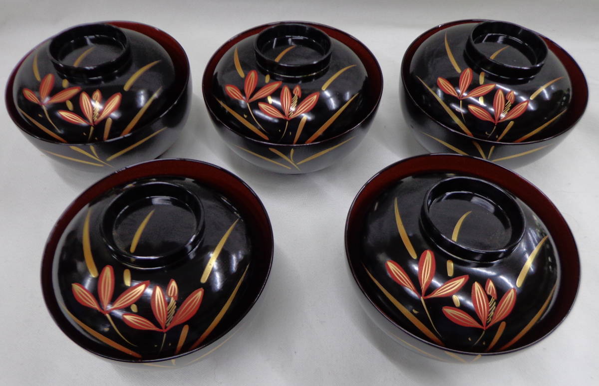 長期自宅保管品 未使用 山中塗 御吸物椀 5客セット拍卖