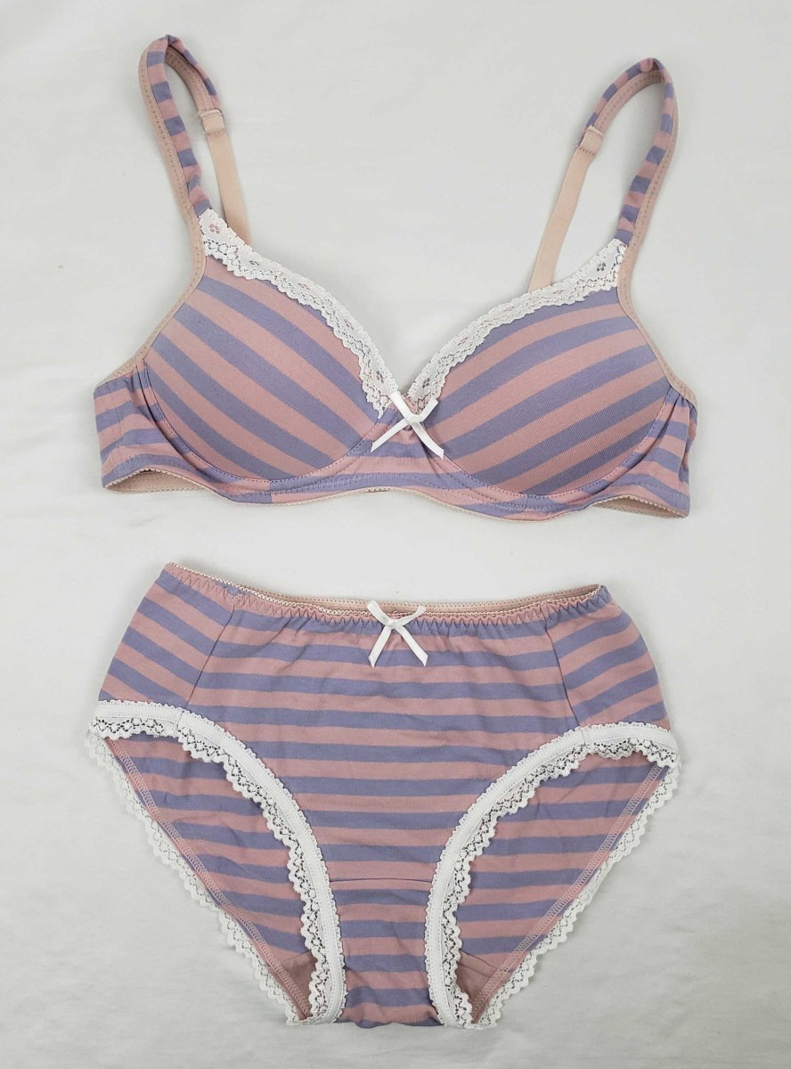 in0401 △ 新品 ★ ブラジャー ショーツ 2点セット A75 L 薄紫 パープル ピンク 白 ボーダー レース リボン フェミニン 可愛い お洒落拍卖