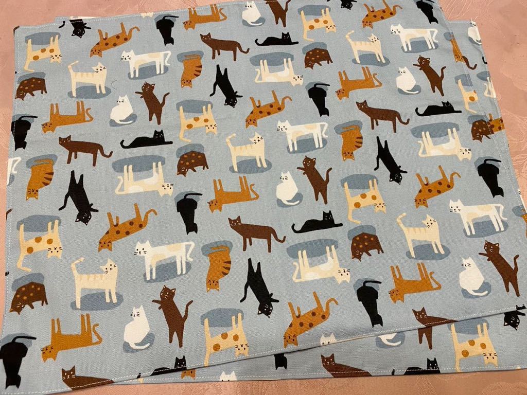 NO.2-17 裏付ランチョンマット ハンドメイド 35x45 2枚組 ネコいっぱい柄拍卖