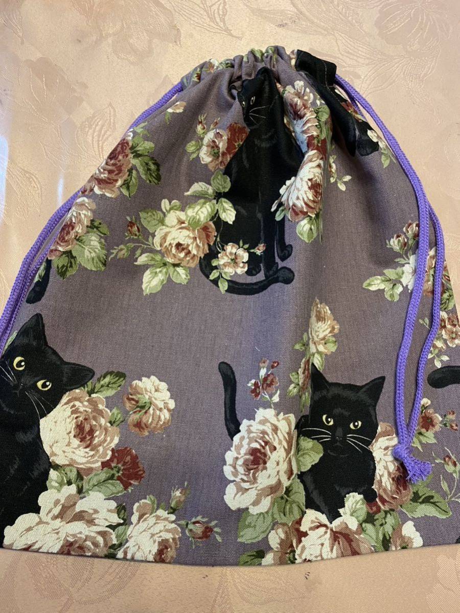 大1 巾着袋 小物入れ 体操服入れ ハンドメイド 紫色黒猫柄拍卖