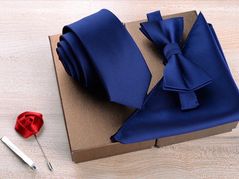 メンズファッション ネクタイ×蝶ネクタイ×ポケットチーフ×ブローチ×ネクタイピン 5点セット#ネイビーブルー拍卖