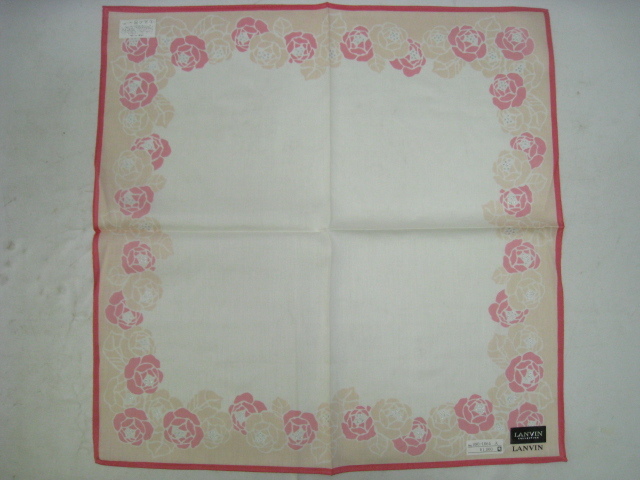 新品 LANVIN ランバン ハンカチ ハンカチーフ 綿100% 花柄 フラワー バラ 薔薇 銀/シルバーラメ ピンク×白 ホワイト サイズ縦50.5×横50cm拍卖