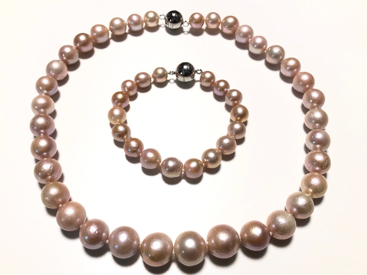 TarTar(ターター) 本真珠(ピンク) 総重量123.5g 1.0㎝~1.3㎝玉 ネックレス&0.9㎝~1.0㎝玉 ブレスレット拍卖