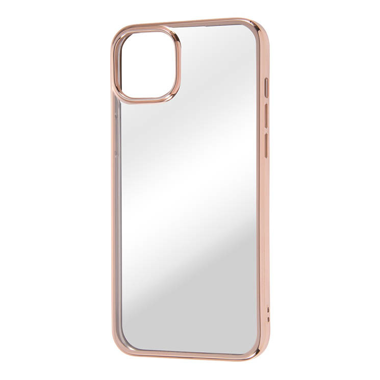 iPhone 14Plus クリア スマホ ケース カバー メタリック フレーム ピンク ゴールド 透明 耐衝撃 頑丈 ストラップホール拍卖