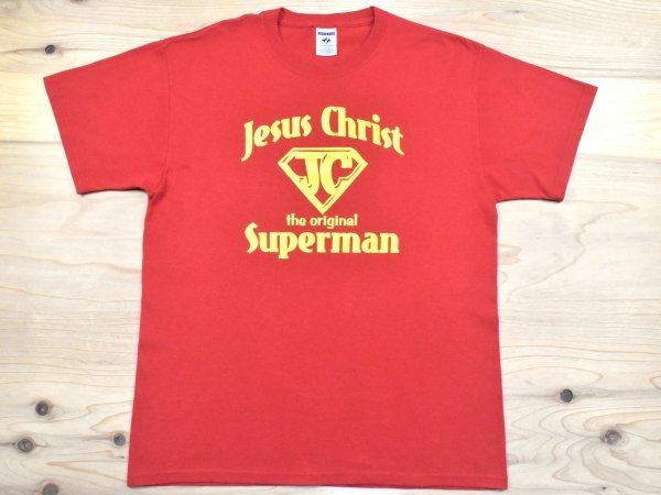レア2000sUSA古着 ジーザスクライスト スーパーマン パロディ Tシャツ sizeL 赤 Jesus Christ キリスト アメリカ アメカジ JERZEES Y2K拍卖