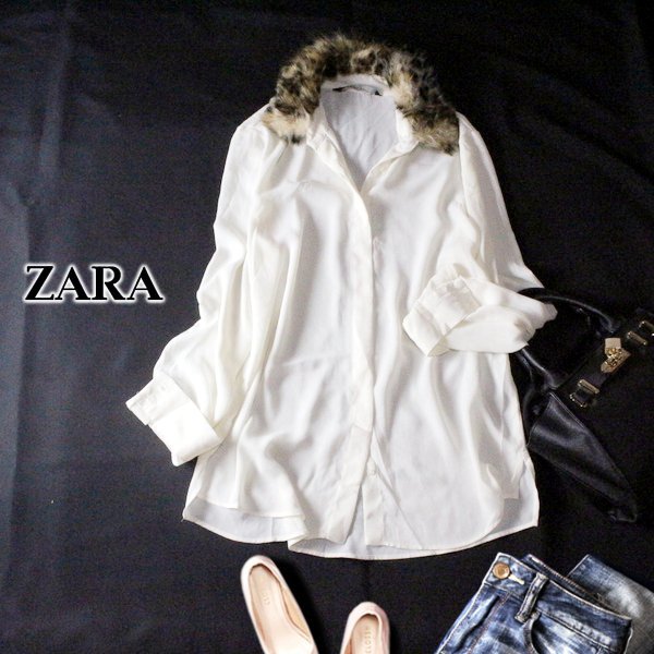 ☆☆ 美品 ザラ ベーシック ZARA BASIC ☆☆ 大人可愛い フェイクファー一体 とろみ ジョーゼット生地 ブラウス S 春 合服 23C04拍卖