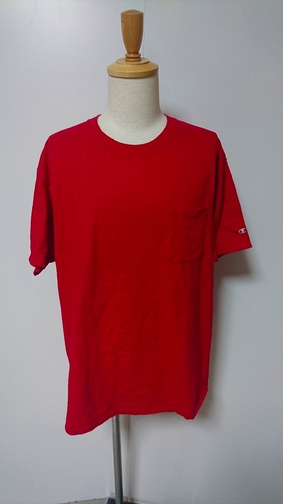 ☆Champion チャンピオン ワンポイント ロゴ プリント 半袖 Tシャツ ポケット 無地 レッド【L】古着 ◆8623◆拍卖
