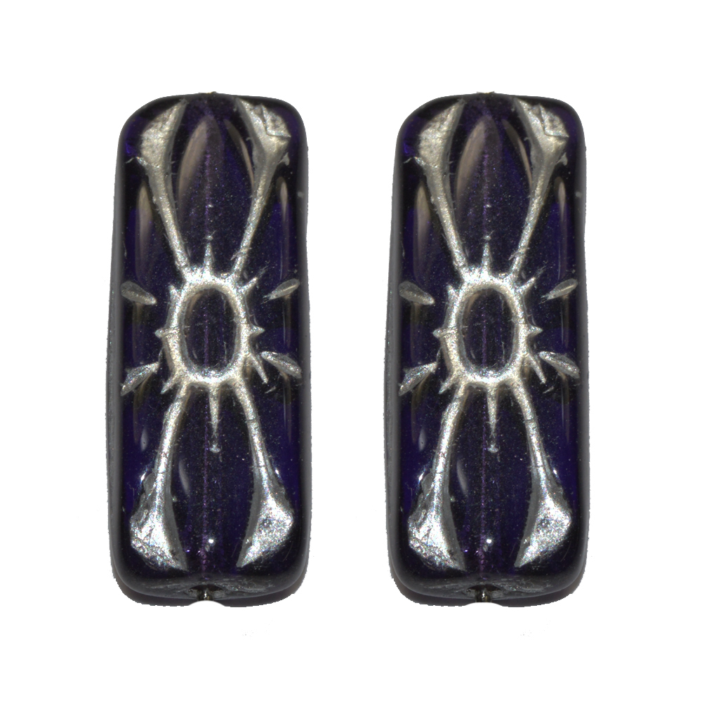 チェコビーズ レクタングルフラワー 20×8mm ダークタンザナイト シルバーインレー拍卖