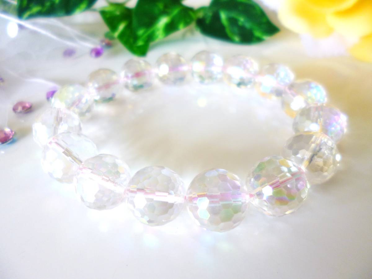 ☆オーロラの煌き(きらめき)☆ヒーリングストーン☆高品質AAA☆レインボーオーラ☆128面ミラーカット☆大珠12mm☆16cm☆桃拍卖