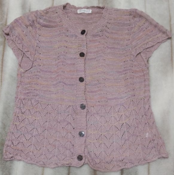 02【中古】*BELEECLUB 半袖 ニット カーディガン ピンク地 マルチカラー 柄編み レディース 送料無料拍卖