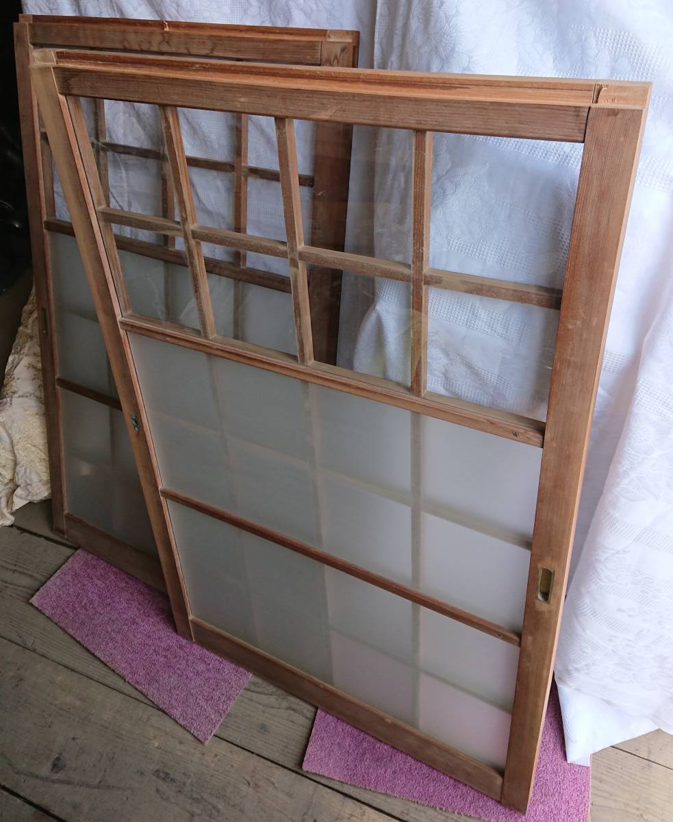 アンティーク 襖 ガラス 引き戸 くもりガラス 2枚 古民具 レトロ DIY 昭和 大正 建具 古民家 リノベーション W-1737拍卖