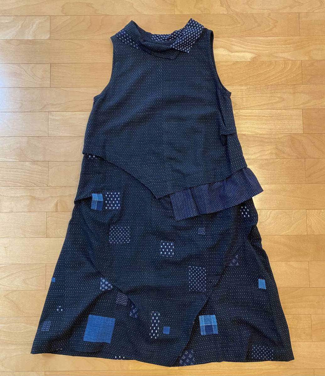 ☆即決☆ 古布100% 着物リメイク 蚊絣 立体 ワンピース パッチワーク 絣 藍染 百貨店拍卖