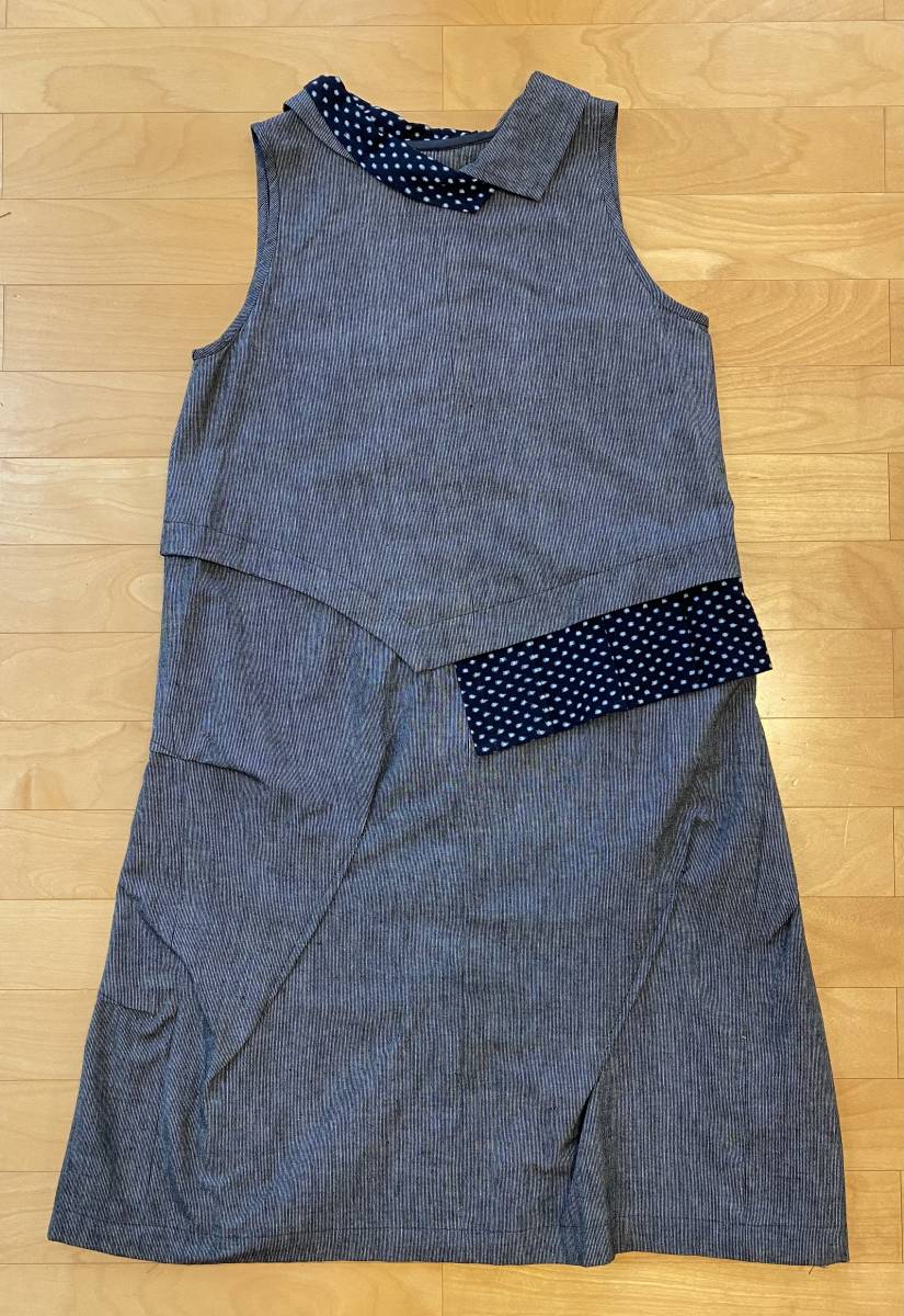 ☆即決☆ 古布100% 着物リメイク 縞 立体 ワンピース 雪ん子 絣 藍染 百貨店拍卖