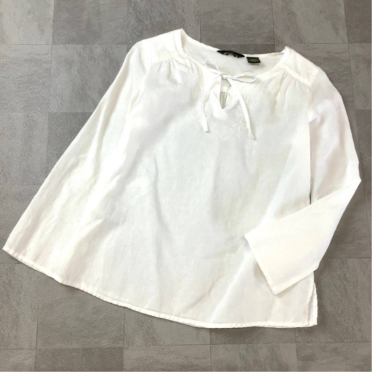 【爽やかなリネン100%】美品 Eddie Bawer エディバウアー 刺繍 リネンブラウス レディース XSサイズ ホワイト拍卖