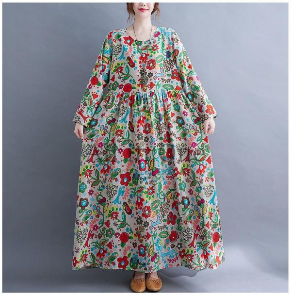 58-20-42 色々な柄がカワイイ ロングワンピース【2XL】新品 レディース 大きいサイズ ゆったり 長袖 ワンピ ドレス 女性 スカート.1拍卖