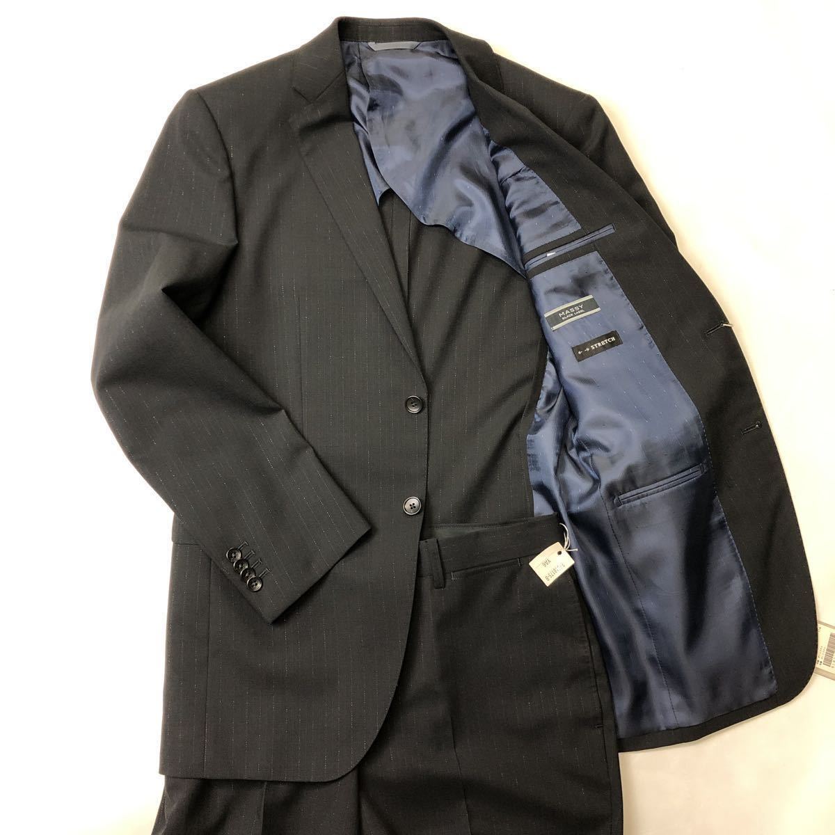 新品【サイズY6 L★スタイリッシュスーツ】2Bシングルスーツ ブラック系セットアップストライプスーツ センターベンツ ノータック ウール拍卖