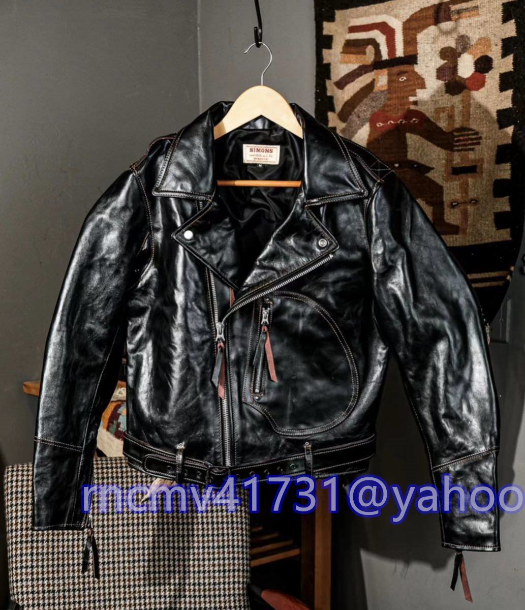 「81SHOP」1.2mm 姫路レザー 茶芯ホースハイド 40's ダブルライダース ブラック 2xL(42) 選択可 フルグレインレザー ジャケット 馬革拍卖